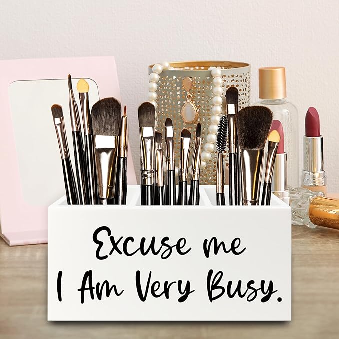 Funny Pen Pencil Holder Organizer for Desk, Funny Office Decor, Excuse Me I Am Very Busy Wooden Box Signs Decorations for Home Workplace Office Desk Tabletop