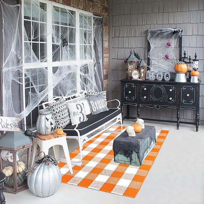 Buffalo Plaid Outdoor Rugs, 3'x5' Orange and White Checkered Indoor/Outdoor Area Rug, Layering Rug for Hello/Welcome Door Mat, Washable Cotton Woven Farmhouse Mat for Fall Front Porch Décor