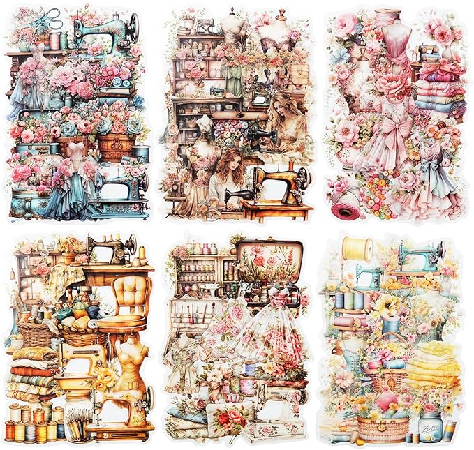 90Pcs Retro Sewing PET Stickers, Vintage Ephemera for Scrapbooking, Journaling Supplies, DIY Crafts, and Junk Journals, with Organizer