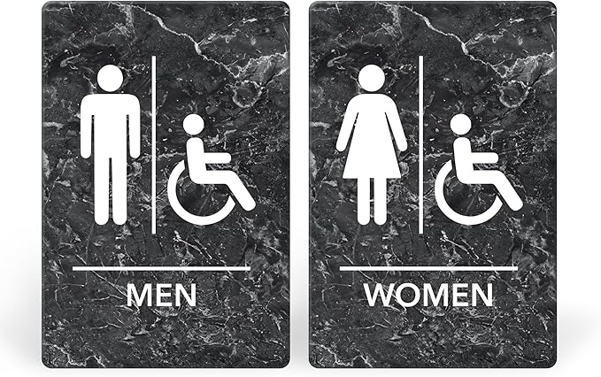 Promot Men and Women Handicap Restroom Sign – ADA Braille Bathroom Sign for Business, Self-Adhesive, 9" x 6", Commercial Door Signage, Office Wall Decor - Marble Charcoal