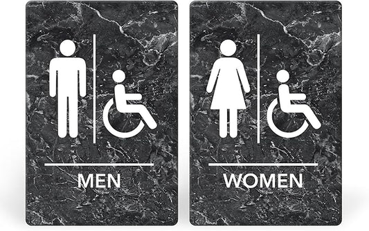 Promot Men and Women Handicap Restroom Sign – ADA Braille Bathroom Sign for Business, Self-Adhesive, 9" x 6", Commercial Door Signage, Office Wall Decor - Marble Charcoal
