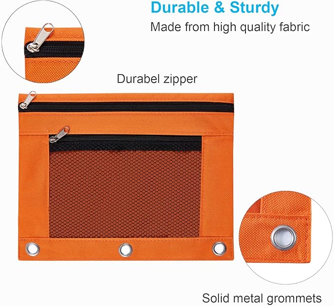 Sooez Pencil Pouch for 3 Ring Binder, 2 Pack Fabric Binder Pouch with 2 Pockets, Pencil Bags with Zipper and Reinforced Grommets, Pencil Cases for Binder