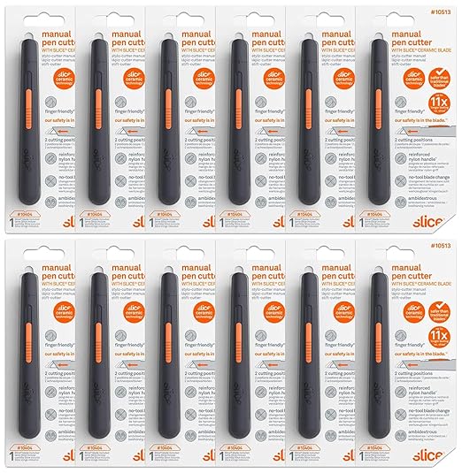 Slice Manual Pen Cutter, Safe Ceramic Box Cutter Lasting 11x Longer than Metal, Box Opener, 12 Pack
