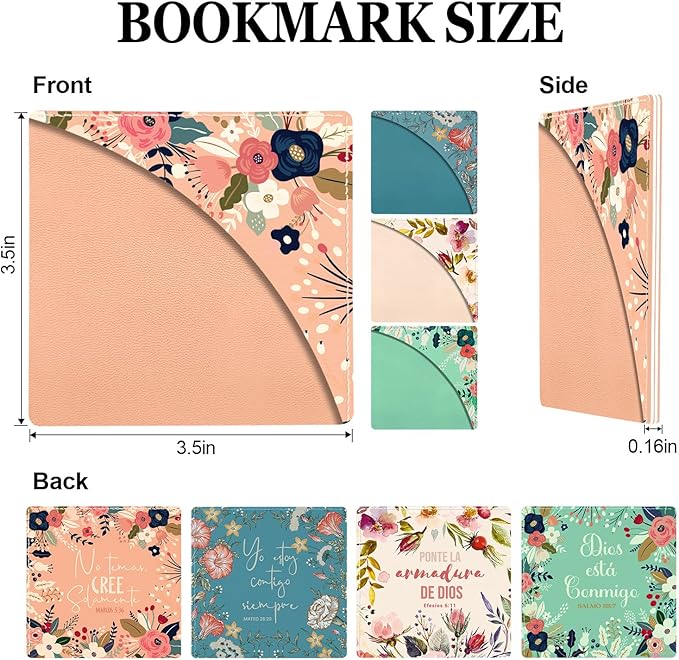 Spanish Bible Verses Bookmarks Floral Corner Page Clips,Cute Flower Lether Book Marks, Great Religious Christian Gifts Reading Rewards, Church Supplies, Giveaways for Sunday School 4 Pcs
