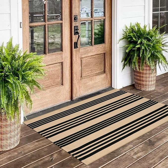 OJIA Outdoor Door Mat 27.5"x43", Black and Tan Outdoor Rugs Cotton Hand-Woven Front Door Rug Machine Washable Door Mats Striped Entry Rug for Front Porch/Farmhouse/Kitchen/Entryway/Outdoor Decor