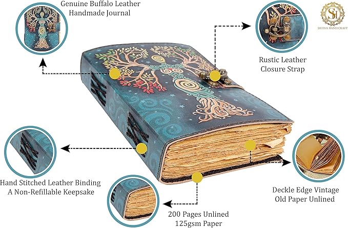 SH SHIFAA HANDICRAFT Blank Spell Book Of Shadows Journal With Lock Clasp Prop Vintage Handmade Leather Diary Embossed Prayer Pagan Antique Witchcraft Supplies Wiccan Notebook Daily (13x10)