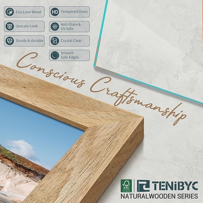 8x10 Picture Frame 4 Pack, Textured Natural Wood, HD Tempered Glass, Gallery Photo Frame, Table or Wall Display