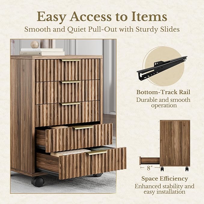 5 Drawer Chest, Under Desk Storage Wood Drawers with Wheels, Fluted File Cabinet for Home Office, Black Walnut