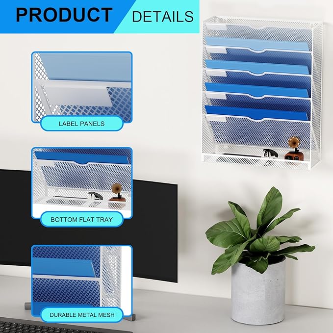 Hanging Wall File Organizer 6 Tier Wall Mounted File Holder Document Wall Organizer Magazine Organization for Office Home, White
