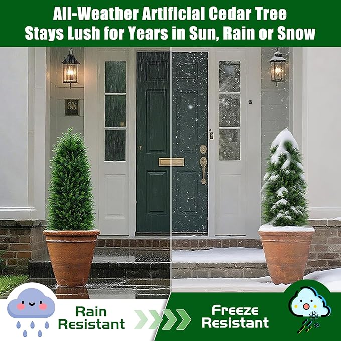 Artificial Cedar Trees, 4FT Tall Faux Tree Potted Plants with Trunk 48in Fake Cypress Tree for Indoor Outdoor Front Porch Garden Decor-2pack