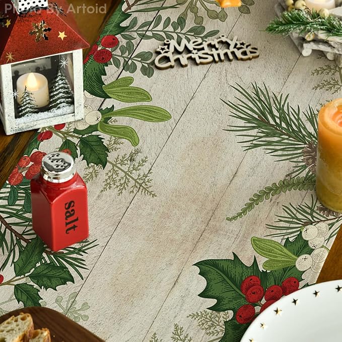 Artoid Mode Holly Fir Wood Pine Cone Leaves Christmas Table Runner, Seasonal Winter Holiday Kitchen Dining Table Decoration for Home Party Decor 13x120 Inch