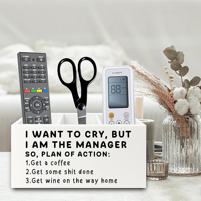 Funny Pen Office Pencil Holder Organizer for Desk, Manager Gifts for Women Men, Funny Coworker Gifts Wooden Box Sign for Home Office Desk Tabletop Decorations