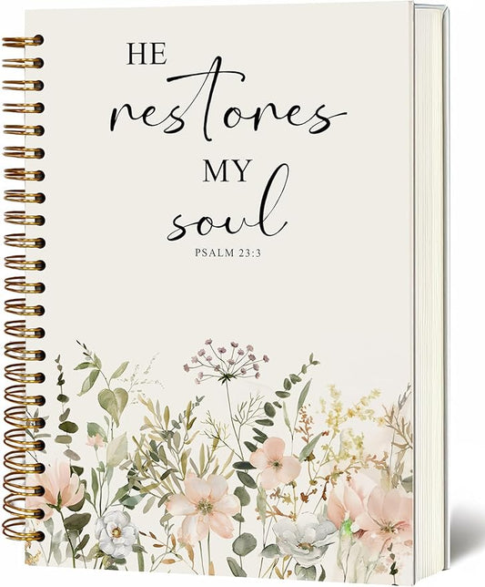Bible Notebook, A5 Spiral Christian Journal with Floral Notebook, Bible Verse-He Restores My Soul, Inspirational Notebooks for Women, Bible Study, Gift for Birthday Christmas, Office Supplies (White)