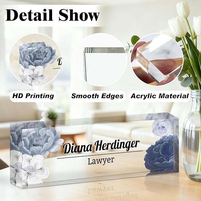 Ship Next Day-Custom Name Plate for Desk, Desk Name Plate Personalized, Acrylic Office Desk Accessories, Appreciation Gifts for Coworkers Employee Teachers Boss Women Men (Vintage Flowers)