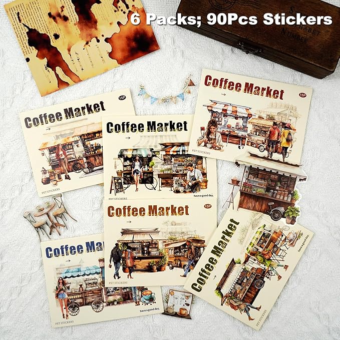 90Pcs Coffee Market PET Stickers, Vintage Coffee Truck Stickers for Scrapbooking Journaling Waterproof Crafts Supplies