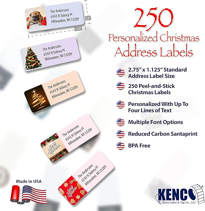Customized Personalized Address Labels - Made in The USA by Kenco (250 Labels, Christmas)