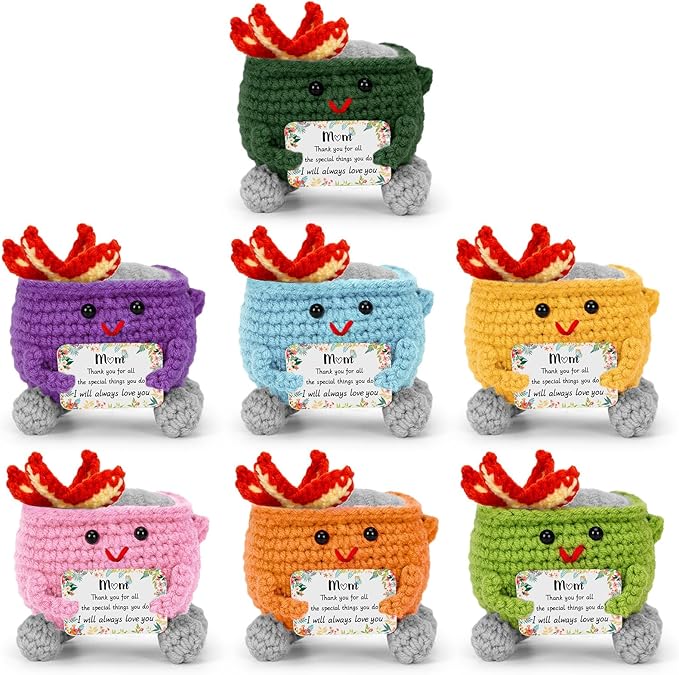 7 PCS Birthday Gifts for Mom from Daughter Son, Cute Handmade Emotional Support Dumpster Fire Crochet, Funny I Love You Mom Thanks You Gift, Mama Mother in Law Gifts