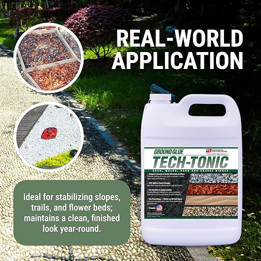 Ground Glue Tech-Tonic Landscape Adhesive for Rock, Mulch, and Sand, Weatherproof Long-Lasting Stabilizer for Trails & Slopes, Pet-Safe Binder for Pea Gravel, Bark & Flower Beds, Made in USA, 1 Gallon