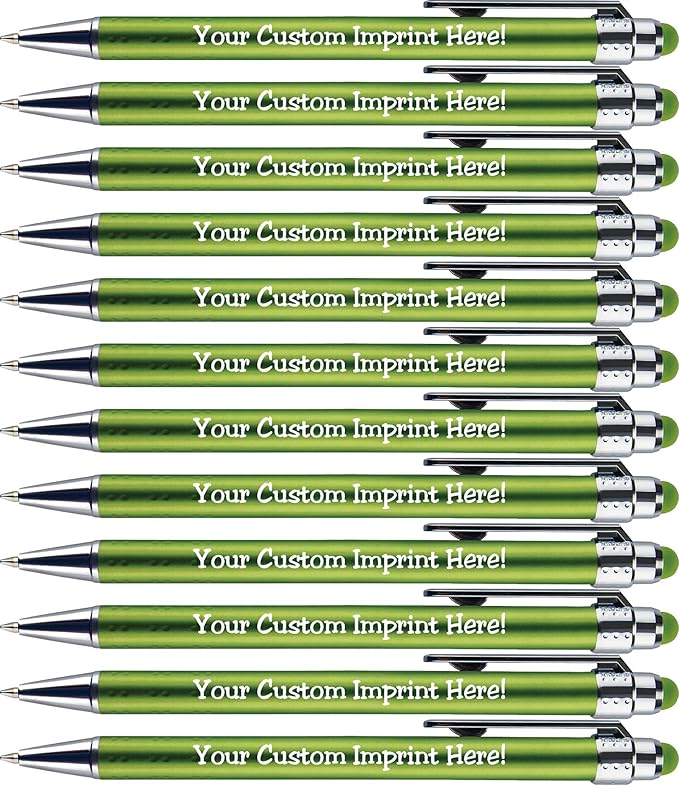Personalized Pens with Stylus Tip -Bright Vibes- Click action - Custom - Black writing - Printed Name pens - Imprinted with Your Logo or Message - FREE PERSONALIZATION - 12 Pens/Box (Green)