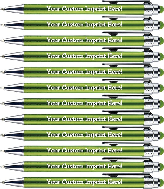 Personalized Pens with Stylus Tip -Bright Vibes- Click action - Custom - Black writing - Printed Name pens - Imprinted with Your Logo or Message - FREE PERSONALIZATION - 12 Pens/Box (Green)