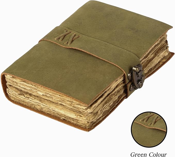 Vintage Leather Journal Handmade Buffalo Non-Refillable Deckle Edge Paper – Leather Bound Journal for Women Men Vintage C-Lock Closure Ideal for Writing & Travel for Artists (Green)