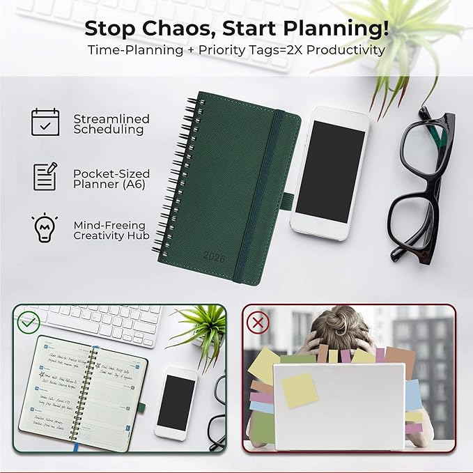 Planner 2026 Daily Weekly and Monthly,6.5"x3.75",12 Months Spiral Bound Calendar Agenda with Self-adhesive Pen Holder,2026 Appointment Book with Vegan Leather Soft Cover,Green