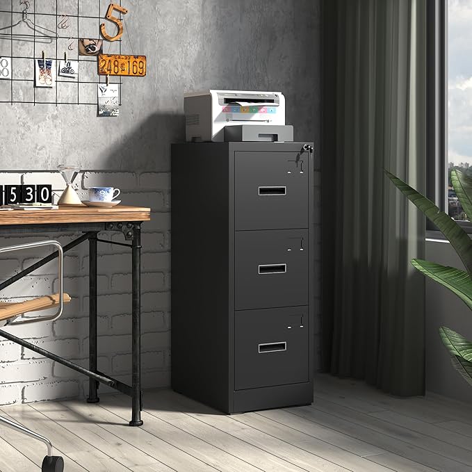 3 Drawer Metal File Cabinet with Lock Heavy Duty Locking File Cabinets Home Office Steel Filing Cabinet Vertical File Cabinets for Legal/Letter Size File,Assembly Required
