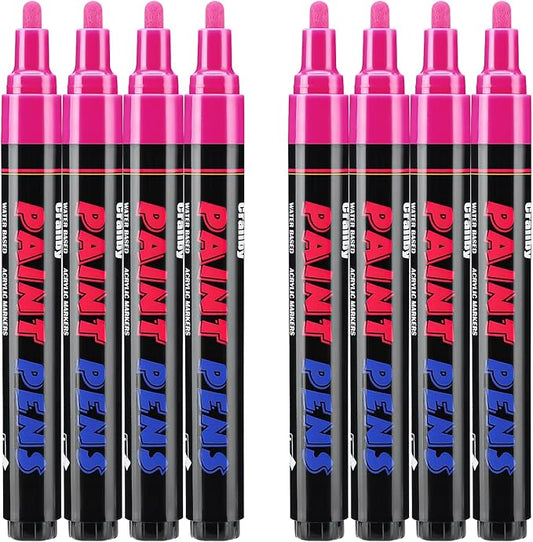 Pink Paint Pens Paint Markers - 8 Pack Permanent Quick Dry Waterproof Marker Pens for Rocks Wood Fabric Plastic Canvas Glass Mugs Metal Tire Stone
