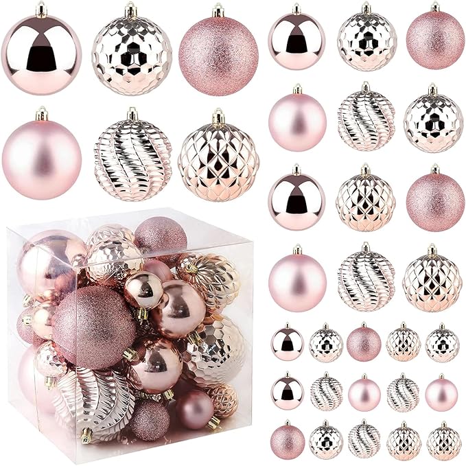 Christmas Balls Ornaments -36pcs Shatterproof Christmas Tree Decorations with Hanging Loop for Xmas Tree Wedding Holiday Party Home Decor,6 Styles in 3 Sizes(Rose Gold)