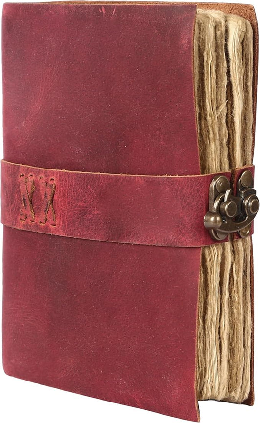 Vintage Leather Journal Handmade Buffalo Non-Refillable Deckle Edge Paper – Leather Bound Journal for Women, Men, C-Lock Closure, Ideal for Writing & Travel for Artists (Solid Pink)