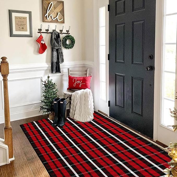 CAINANEL Buffalo Plaid Outdoor Rug Christmas Door Mat Christmas Decor Welcome Rug Cotton Hand-Woven Layered Door Mats for Front Porch, Kitchen, Farmhouse, Entryway (35.4''x59'', Red/Black/White)