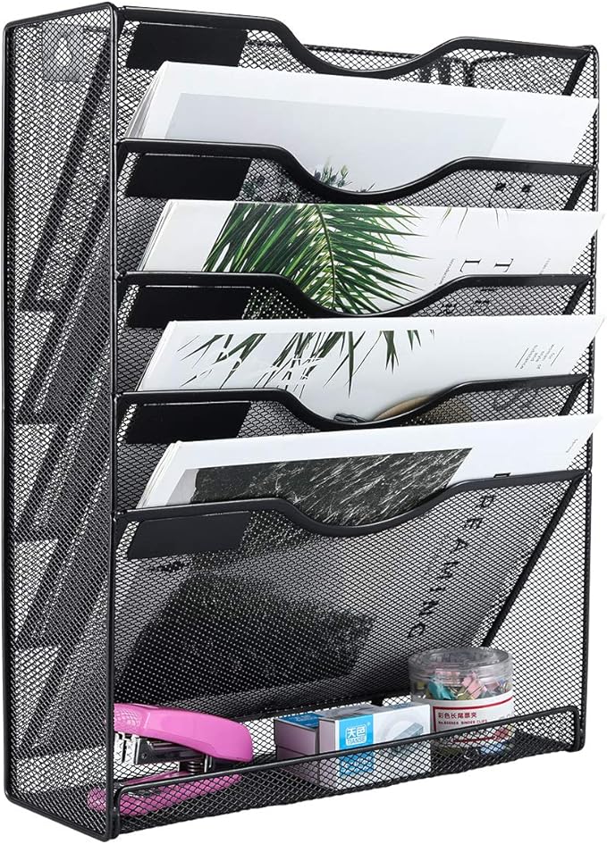 EasyPAG 5-Tier Wall File Holder, Mesh Hanging Folder Organizer with Classify Label, Versatile Desk File Organizer for Office Home, Space-Saving Vertical Wall Mounted Mail Paper Sorter, Black
