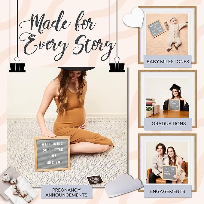 Felt Like Sharing Square Letter Board (Gray Felt - 10”x10”) – Changeable Message Board with 3 Sets of Felt Board Letters – Statement Wall Sign for Quotes, Home or Holiday Decor In Oak Frame