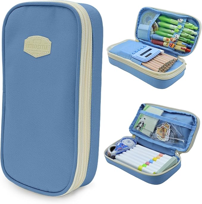 Large Capacity Pencil Case - Durable Zipper Aesthetic Pen Pouch, Big Storage Organizer for School, Office & Travel - Waterproof & Multi-Use (Light Blue)