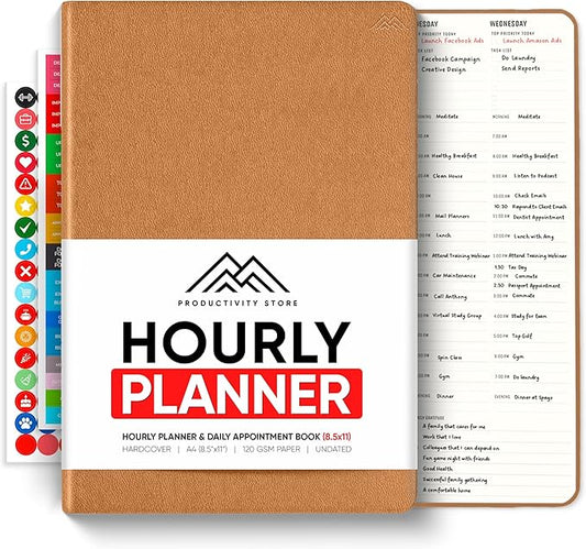 Hourly Planner & Appointment Book (8.5” x 11”) - Premium Hourly Planner with Daily Schedule & 30-Minute Time Slots for Better Time Management by PRODUCTIVITY STORE (A4, Brown)