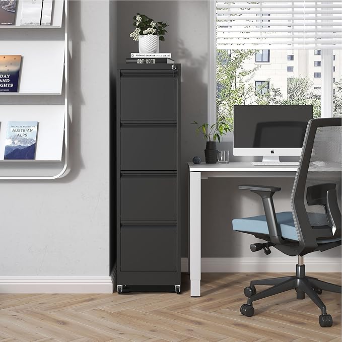 File Cabinet with Lock, 4 Drawers Filing Cabient with Wheel, Steel Vertical Filing Storage Cabinet for Home Office, Heavy-Duty File Cabinets for Letters/Legal/A4 (Require Assembly, Black)