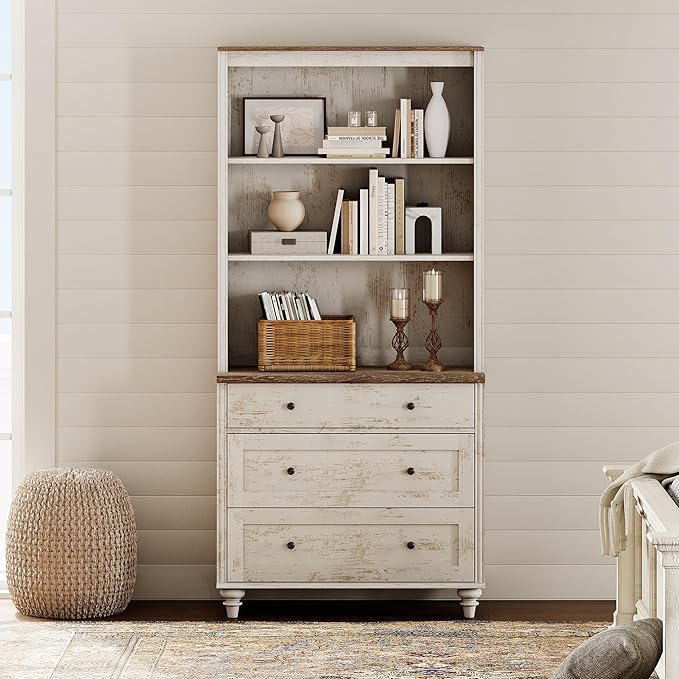 WAMPAT 3 Tier Bookshelf with 3 Drawers, 72" Tall Bookcase Large Farmhouse Display Book Case Shelf with 3-Tier Open Book Shelfs，Library Wood Bookshelves for Living Room,Kitchen, Rustic White