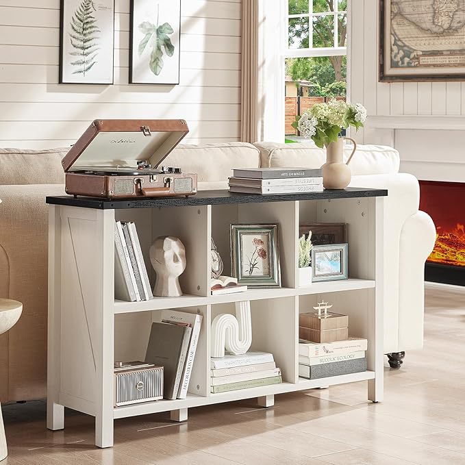 Farmhouse 6 Cube Bookshelf, Antique White & Black Wooden Storage Organizer Book Shelf, 47" Cubby Hallway Bookcase, Kids Toy Storage Cabinet, Modern Open Book Case for Living Room, Playroom