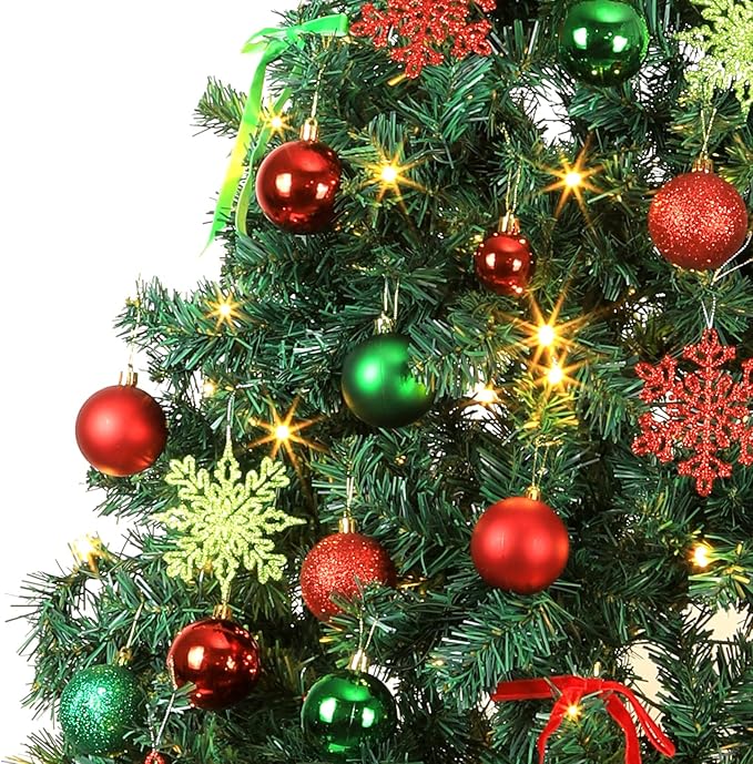 86Pcs Led Light Red and Green Christmas Tree Decorations Set 100 Led Light Christmas Star Trees Topper with String Lights Xmas Balls Snowflakes Ornaments Bows Xmas Trees Decor 20m Light String