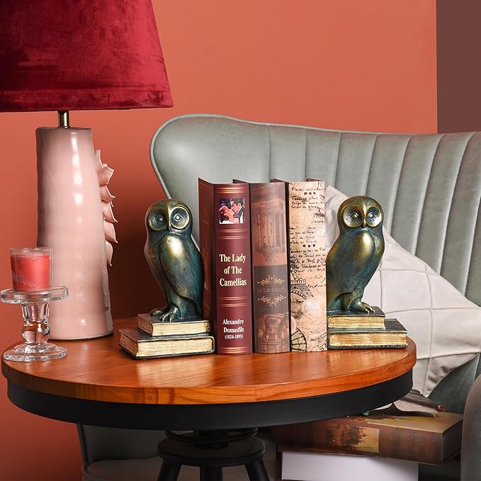 Book Ends for Shelves, Owl Decorative Bookends Bronze Bird Book Stopper Unique Kids Book Holders with Anti-Slip Base Luxurious Bookends for Kids Rooms Office Home Decor(Bronze)