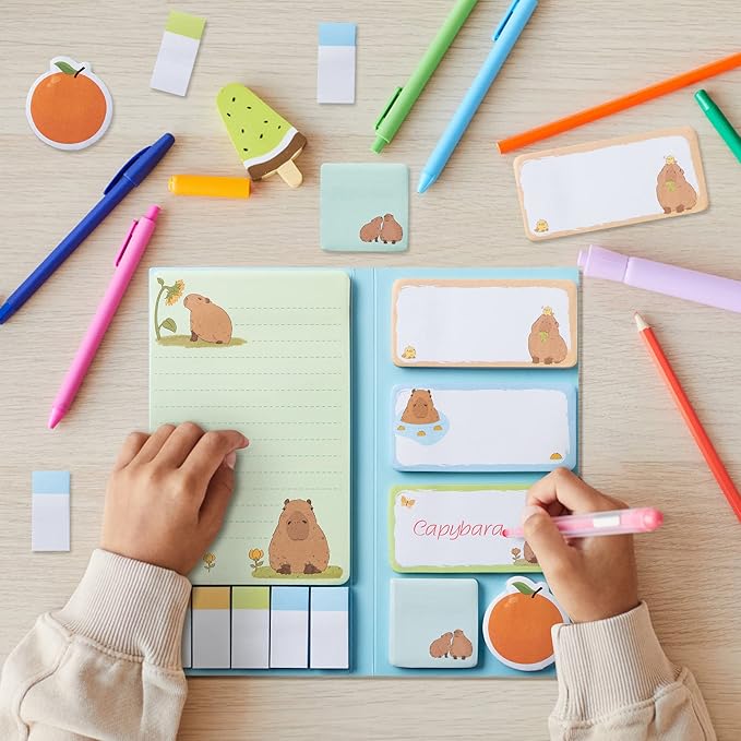 Xqumoi Don't Worry Be Capy Sticky Notes Set, 550 Sheets, Capybara and Orange Pattern Self-Stick Notes Pads Animal Divider Tabs Bundle Writing Memo Pads Back to School Office Supplies Small Gift