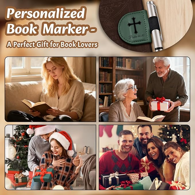 Bygone Mark Personalized Magnetic Leather Bookmark with Pen Holder - Inspirational Bible Verse Scripture Design, Custom Book Marker for Book Lovers Men Women (Green-Romans 8:28)