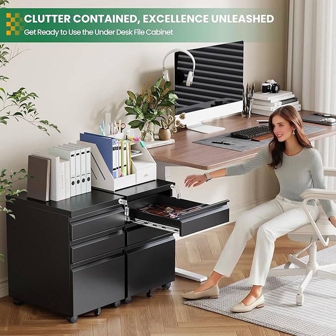 Mobile File Cabinet with Lock, 3 Drawer File Cabinet for Home Office, Rolling File Cabinet, Under Desk Locking Filing Cabinet on Wheels for Legal/Letter/A4 File, Fully Assembled, Black