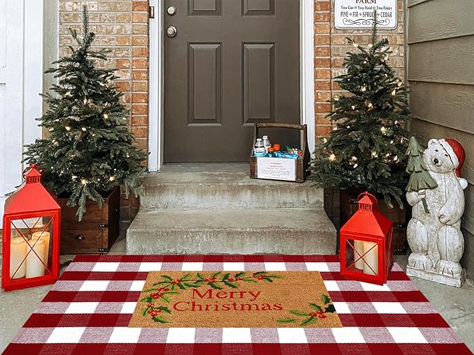 Ckorzen Red and White Plaid Rug, 3' x 5' Christmas Front Porch Outdoor Rug, Handwoven Cotton Washable Rug for Layered Door Mats, Holiday Entryway and Home Décor