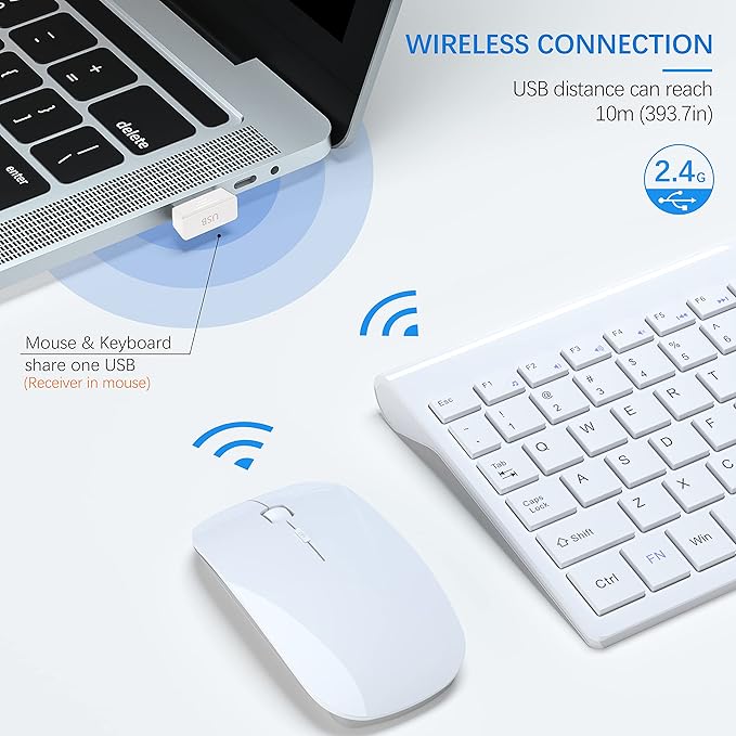 Wireless Keyboard and Mouse Ultra Slim Combo, TopMate 2.4G Silent Compact USB 2400DPI Mouse and Scissor Switch Keyboard Set with Cover, 2 AA and 2 AAA Batteries, for PC/Laptop/Windows/Mac - White