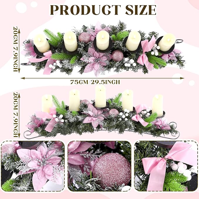 Yungyan Christmas Tabletop Centerpiece 30 Inch, Includes 5 Battery Operated LED Candle Holders, Pink Poinsettia Flowers, Pink Bow, Pine Cones and Base, Christmas Artificial Dinner Table Decorations
