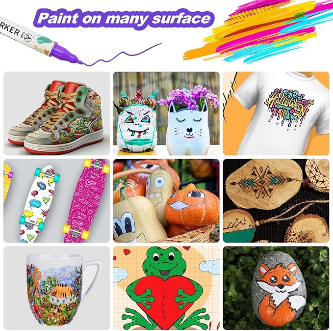 72 Colors Acrylic Paint Pens, Dual Tip Acrylic Paint Markers for Paper, Wood, Canvas, Stone, Rock Painting, Glass, Fabric, DIY, Ceramic, Art Supplies for Kids and Adults Drawing (Dot + Fine)