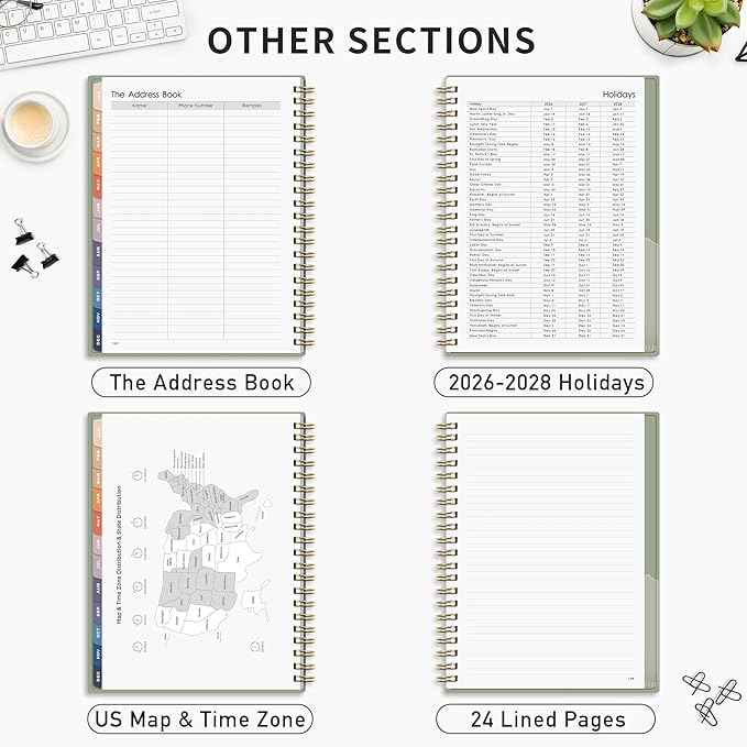 RETTACY 2026 Planner, Weekly and Monthly, Large Size (8.5" x 11"), Jan - Dec 2026, Agenda, Calendar, 12 Month Tabs, Flexible Plastic Cover, 100 GSM Thick Paper, Spiral-bound (Light Green)