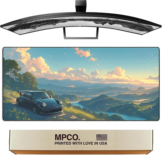 MPCO. Manga Motors Large Gaming Desk Pad - 36" x 17" Aeroglyde Fabric Porsche-Blue Desk Mats - Non-Slip, Washable, Smooth Glide for Precision Gaming & Work