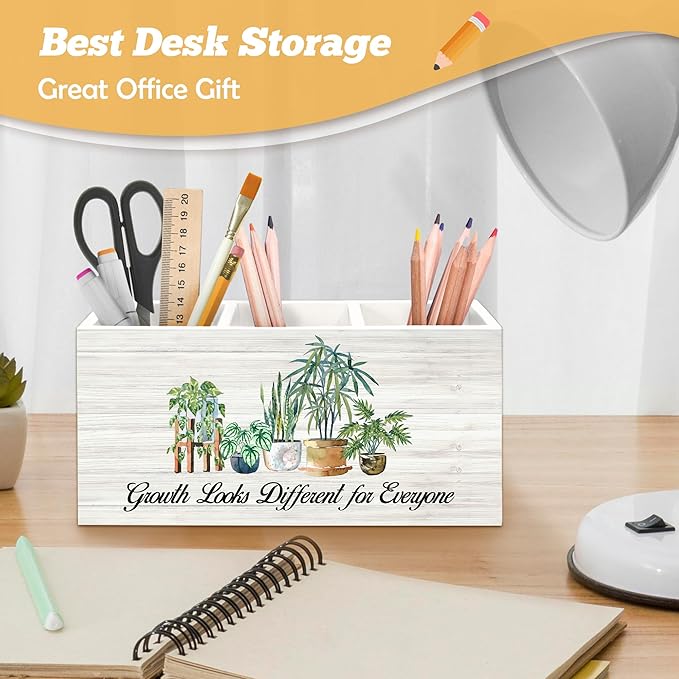 Mental Health Inspirational Pen Holder Organizer for Desk Accessories, Growth Looks Different for Everyone Motivational Wooden Box Desk Decorations for Therapy Counselor Office Decor